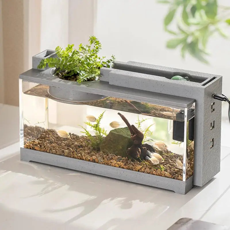Small Fish Tank with Water Pump Fish Starter Kit Retro Decorative Silent Mini Fish Tank for Tabletop Display Decoration